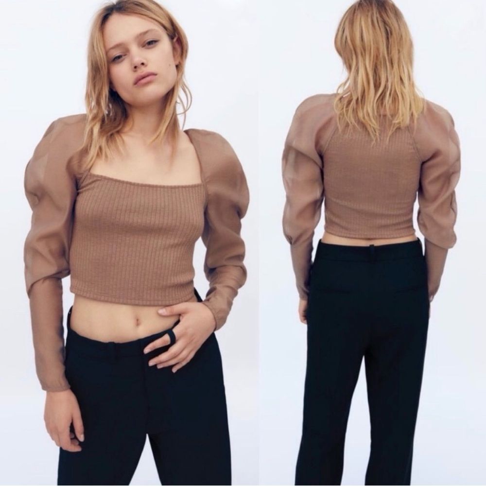 Zara Brown Ribbed Puff Sleeve Crop Top. Size Medium